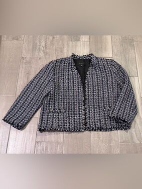 Ann Taylor Factory Navy Cream Black Tweed Fringe Jacket Blazer Size 18